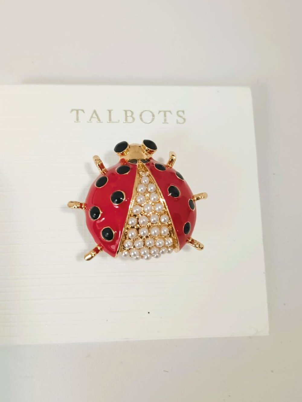 Talbots Ladybug Beetle Brooch Red Black Enamel Pin with White Pearl Cluster